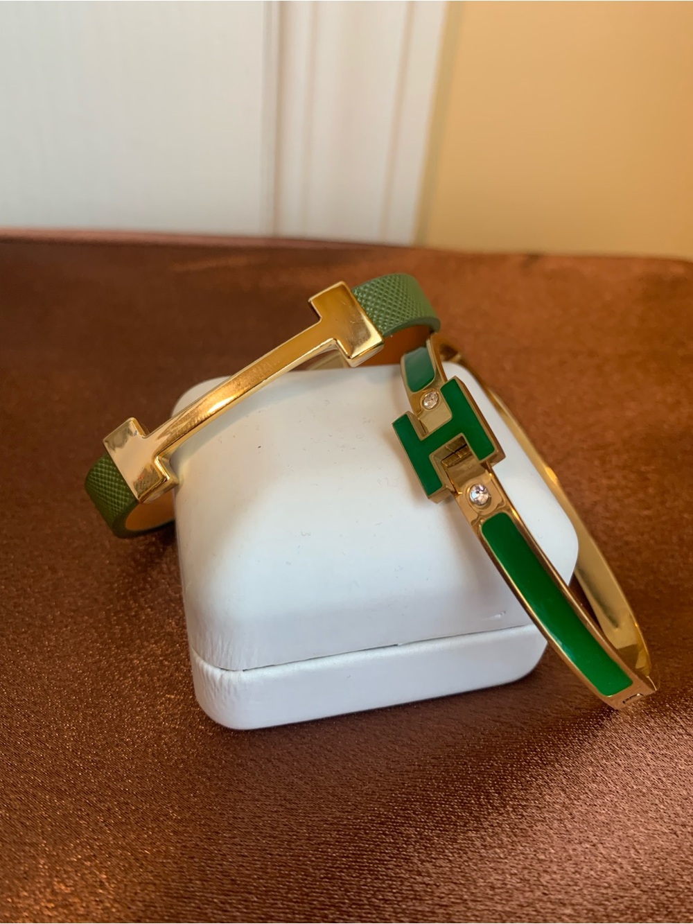 Gold-Tone Green Enamel H-Style Bangle Bracelet